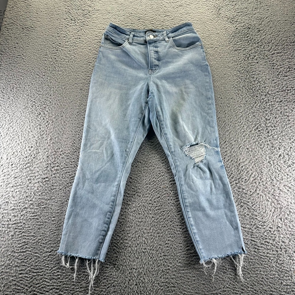 Express Jeans Womens 4 Blue Skinny Curvy High‎ Rise Faded Distressed Raw Hem
